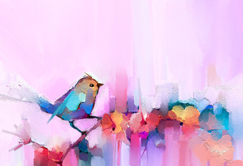 Abstract colorful oil, acrylic painting of bird and spring flower. Modern art paintings brush stroke on canvas. Illustration oil painting, animal and floral for background. - 328538282