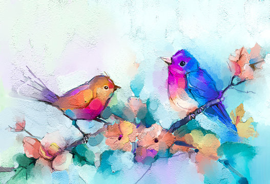 Abstract colorful oil, acrylic painting of bird and spring flower. Modern art paintings brush stroke on canvas. Illustration oil painting, animal and floral for background. © nongkran_ch