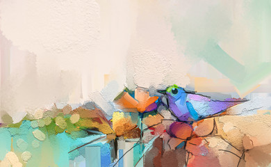 Abstract colorful oil, acrylic painting of bird and spring flower. Modern art paintings brush stroke on canvas. Illustration oil painting, animal and floral for background. - 328538409
