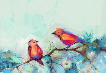 Abstract colorful oil, acrylic painting of bird and spring flower. Modern art paintings brush stroke on canvas. Illustration oil painting, animal and floral for background. - 328538414