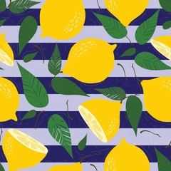 Seamless pattern with lemons. Bright summer decorative background with yellow lemons, green leaves and blue and light blue stripes. Juicy lemons with the leaves. Vector lemons.Hand drawn background.