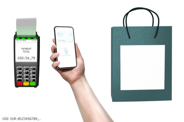 Payment terminal, smartphone in a hand, isolated on white background. Template, mockup	