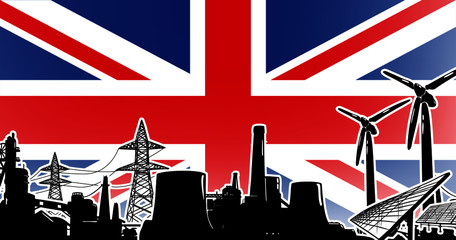 Obraz na płótnie Canvas United Kingdom (UK) energy production vector with sun power, wind generators, atomic and coal power plants and electric lines on poles