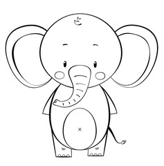 Hand drawing vector illustration in black outline on a white background.  Cute cartoon elephant for designing baby clothes, kid print, posters, coloring page