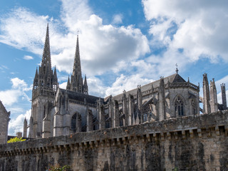 Fototapeta na wymiar Quimper, Finistère / France, July 28, 2019. Cathédrale Saint-Corentin in the center of Quimper on a beautiful summer sunny day.