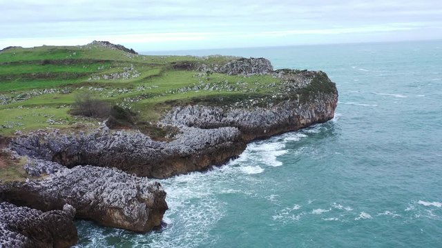 Drone view of El Picon, Aerial view of Buelna Beach, Asturias, Spain, Europe