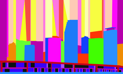 Skyline of Miami, in bright colored abstract geometric figures.
