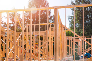 Wood building frame structure on a new development