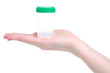 Container for urine analysis object in hand on white background isolation