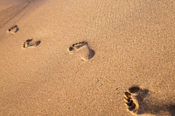 Fototapeta na wymiar beach, wave and footprints on tropical beach at sunset time