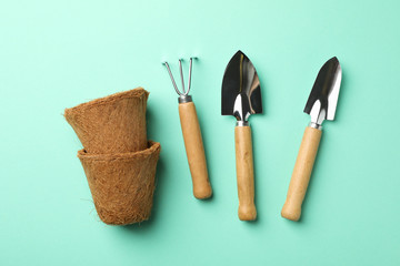 Gardening tools on mint background, top view