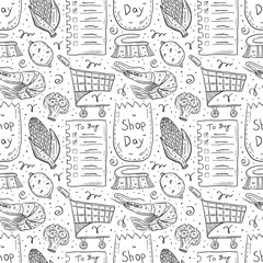 Shopping hand drawn doodle vector seamless pattern, texture, background, backdrop. Isolated on white background. Check list, corn,  eco pack, paper bag, trolley, broccoli, lemon, brush, shrimp. 