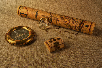 still life with compass and map