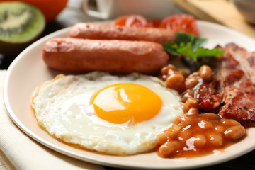 Delicious breakfast or lunch with fried eggs, close up
