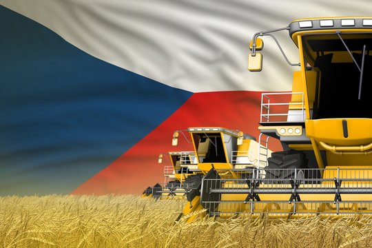 industrial 3D illustration of 3 yellow modern combine harvesters with Czechia flag on rye field - close view, farming concept