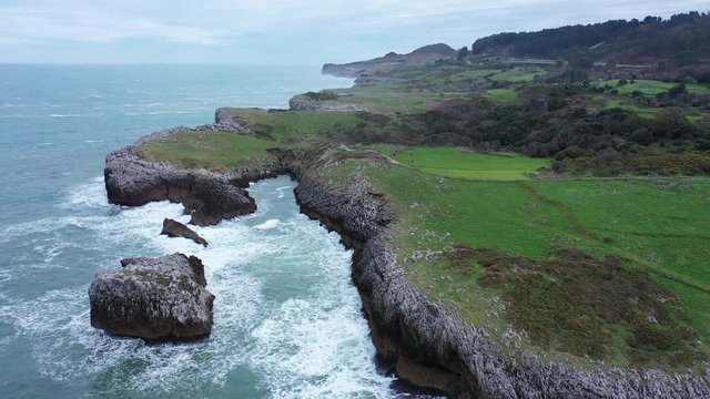 Drone view of El Picon, Aerial view of Buelna Beach, Asturias, Spain, Europe