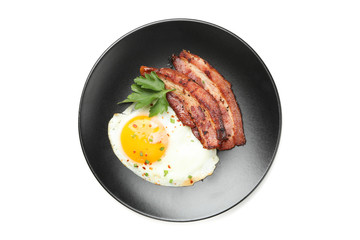 Plate with omelette and bacon isolated on white background