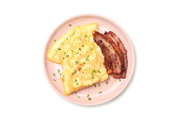 Plate with omelette and bacon isolated on white background