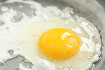 Delicious fried egg on pan, close up