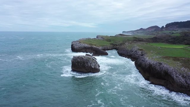 Drone view of El Picon, Aerial view of Buelna Beach, Asturias, Spain, Europe