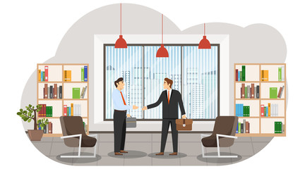 Successful deal. Businessmen shake hands after concluding a successful deal. Vector illustration of a deal.