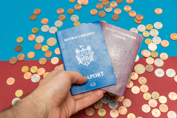 Dual citizenship concept. The Romanian and Moldovan passport. Coloseup of Romanian and Moldovan passport. Multiple citizenships, dual citizenship, multiple nationalities or dual nationality concept
