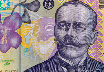 Ion Luca Caragiale portrait on the 100 RON banknote. Coloseup of RON, Romanian Currency. Romanian RON, Lei Banknotes issued by BNR, National Bank of Romania. Romania Finance and economy concept