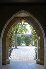 Courtyard of Bethesda-by-the-Sea Church. Church of Bethesda by the Sea is an Episcopal Church with gothic revival style in Palm Beach, Florida FL, USA.