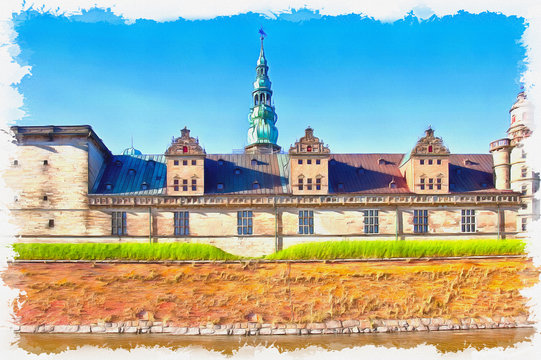 Imitation of a picture. Oil paint. Illustration. Denmark. Hamlet castle. Kronborg