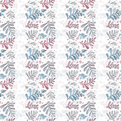 Seamless pattern with violet, purple, light pink branches and black outline. Hand drawn illustration isolated on white background. Floral pattern for print, textile, fabric, kitchen, decor.