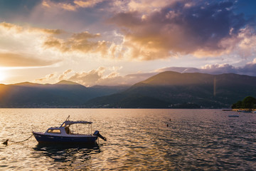 Sunset view of Kotor bay and mountains near Tivat, Montenegro.