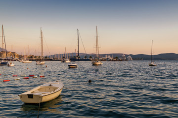 Fototapeta premium Sunset view of Kotor bay and mountains near Tivat, Montenegro.