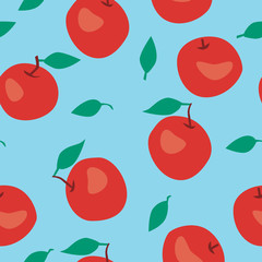 A Seamless pattern with red apples and green leaves for print, simple doodle vector stock illustration with fruits for decorator and design