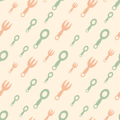 Child seamless background with fork and spoon on light background. Plastic Cutlery for the baby. Children's dining room , cafe. Flat vector illustration