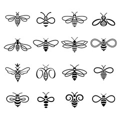 Honey bee logo. Set of bees for labels and logos of honey products, natural and farm honey. Isolated insect icons. Flying bee. Creative design honey bees. Vector illustration in flat linear style.
