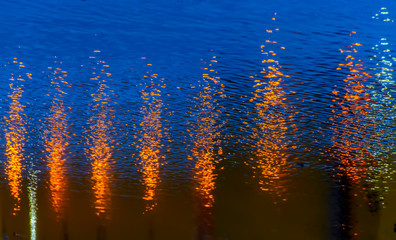 Reflection of light from streetlights on wet asphalt.