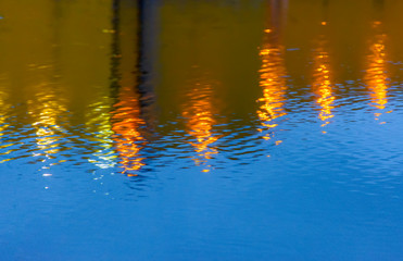 Reflection of light from streetlights on wet asphalt.