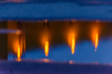 Reflection of light from streetlights on wet asphalt.