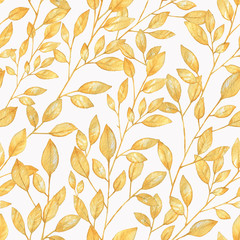 Hand drawn seamless pattern with watercolor golden leaves. Decorative ornamental wallpaper