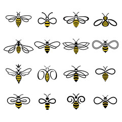 Honey bee logo. Set of bees for labels and logos of honey products, natural and farm honey. Isolated insect icons. Flying bee. Creative design honey bees. Vector illustration in flat linear style.