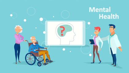 Vector of a medical team assisting senior patiens with dementia, brain damage