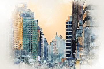 Abstract Building in capital on watercolor painting background. City on Digital illustration brush to art.....