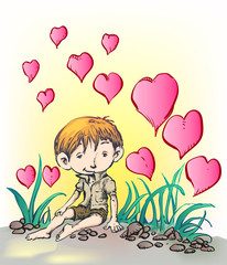 Little boy sitting on the grass with hearts floating all around. hand drawn style vector design illustrations.