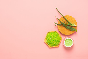 Various natural remedies and accessories, salt cream fresh aloe leaves for body skin care home. Spa...
