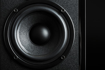 Multimedia speaker system speaker close-up on a black background.