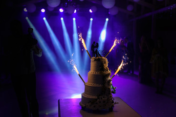 A wedding cake with silhouette of bride and groom