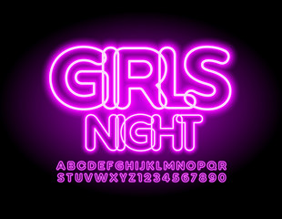 Vector bright poster Girls Party with Neon Glowing Font. Electric purple Alphabet Letters and Numbers