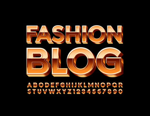 Vector stylish sign Fashion Blog with 3D Golden Font. Luxury Alphabet Letters and Numbers