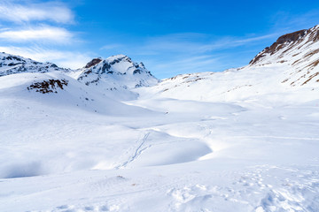 Fototapeta na wymiar Winter landscape on the First mountain in Swiss Alps, Grindelwald ski resort, Switzerland