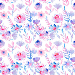 watercolor flowers and plants - seamless pattern pink and blue